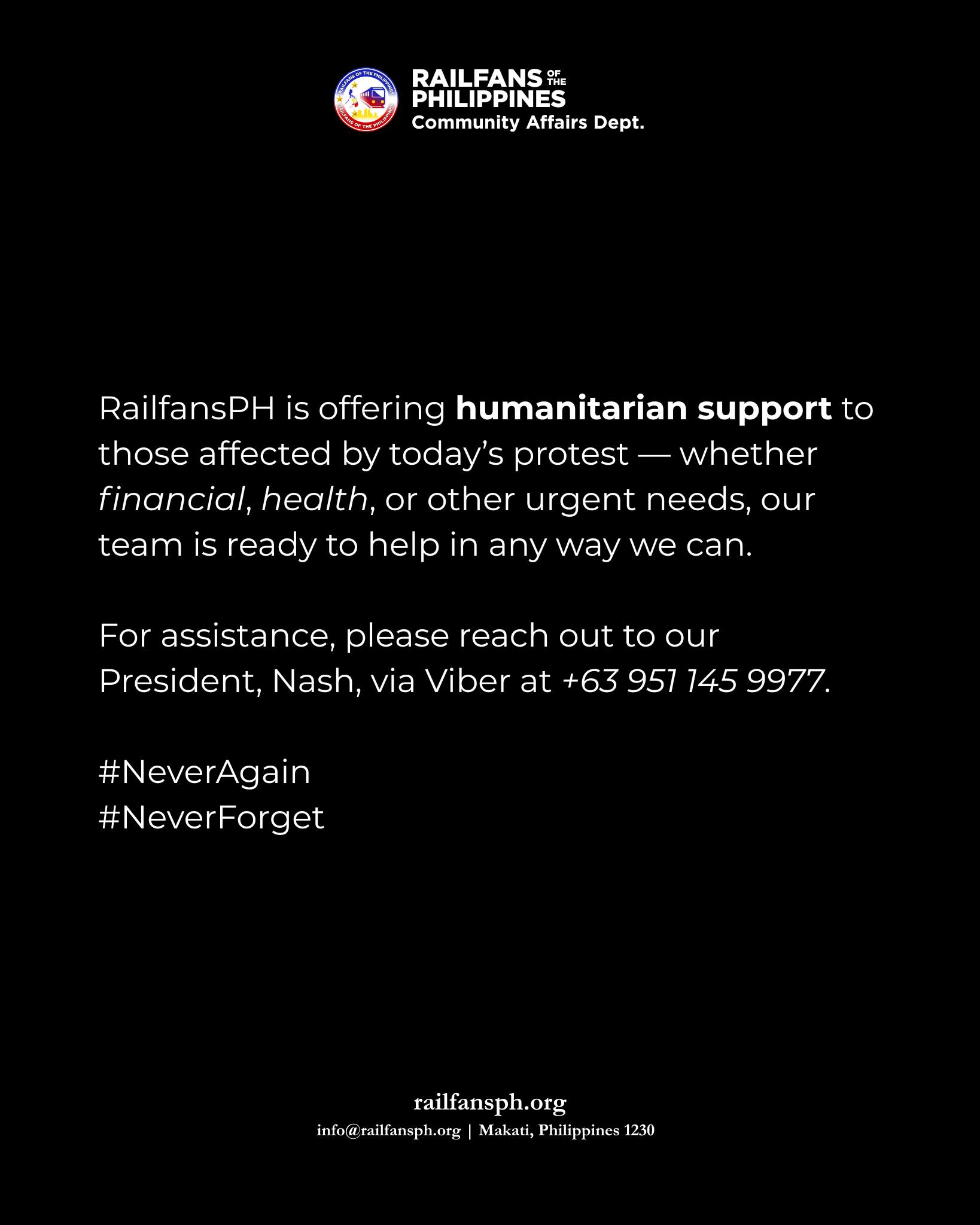 RailfansPH is offering humanitarian support to those affected by protest